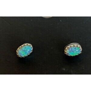 Sterling Silver Blue Australian Opal Navajo Post Earrings 7mm Dog Tooth Setting